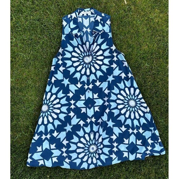 Equipment Blue/white print Tunic Shirt-Dress XS GUC button up  sleeveless - Picture 1 of 4